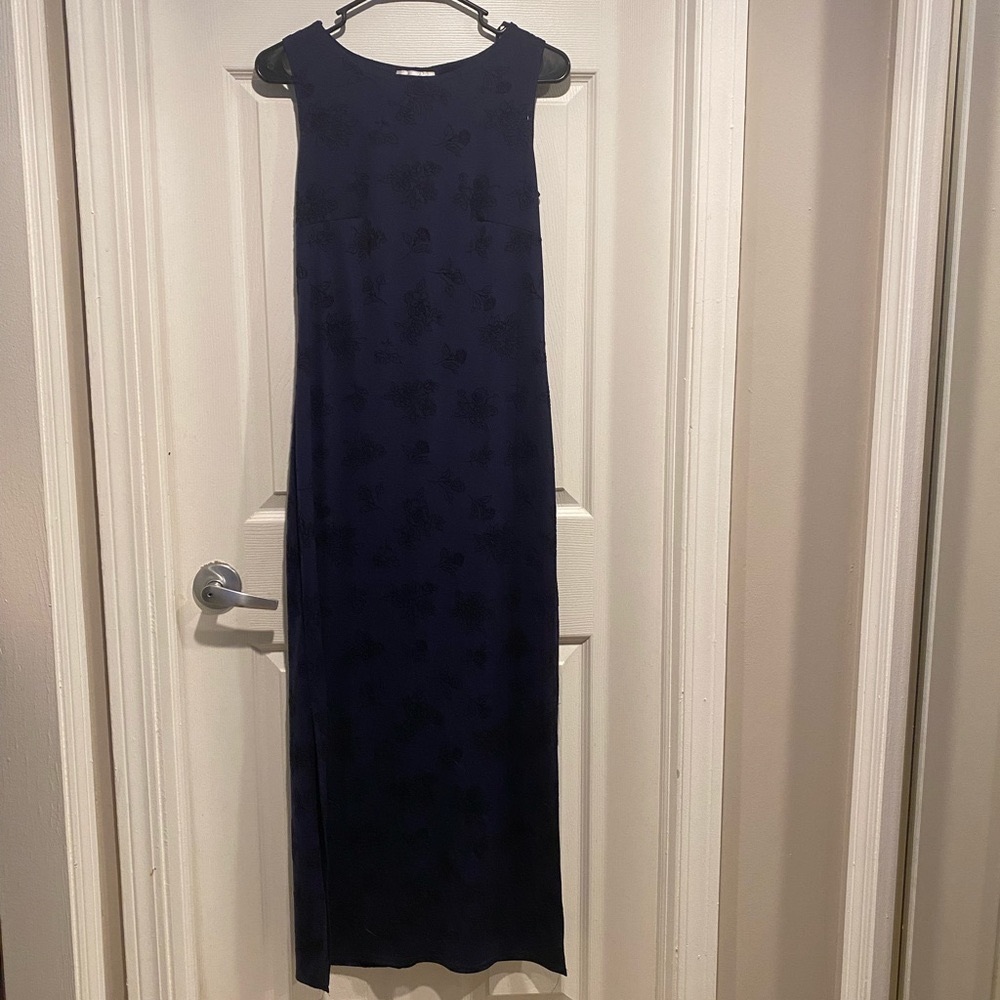 Navy blue floor length dress with black rose/floral detailing